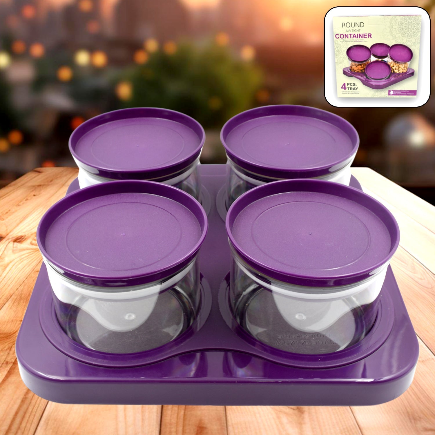 Airtight Plastic 4 Pc Storage Container Set, With Tray Dry Fruit Plastic Storage Container Tray Set With Lid & Serving Tray For Kitchen