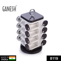 16-piece revolving spice rack by Ganesh, 100 ml dispensers, plastic, ABS material.