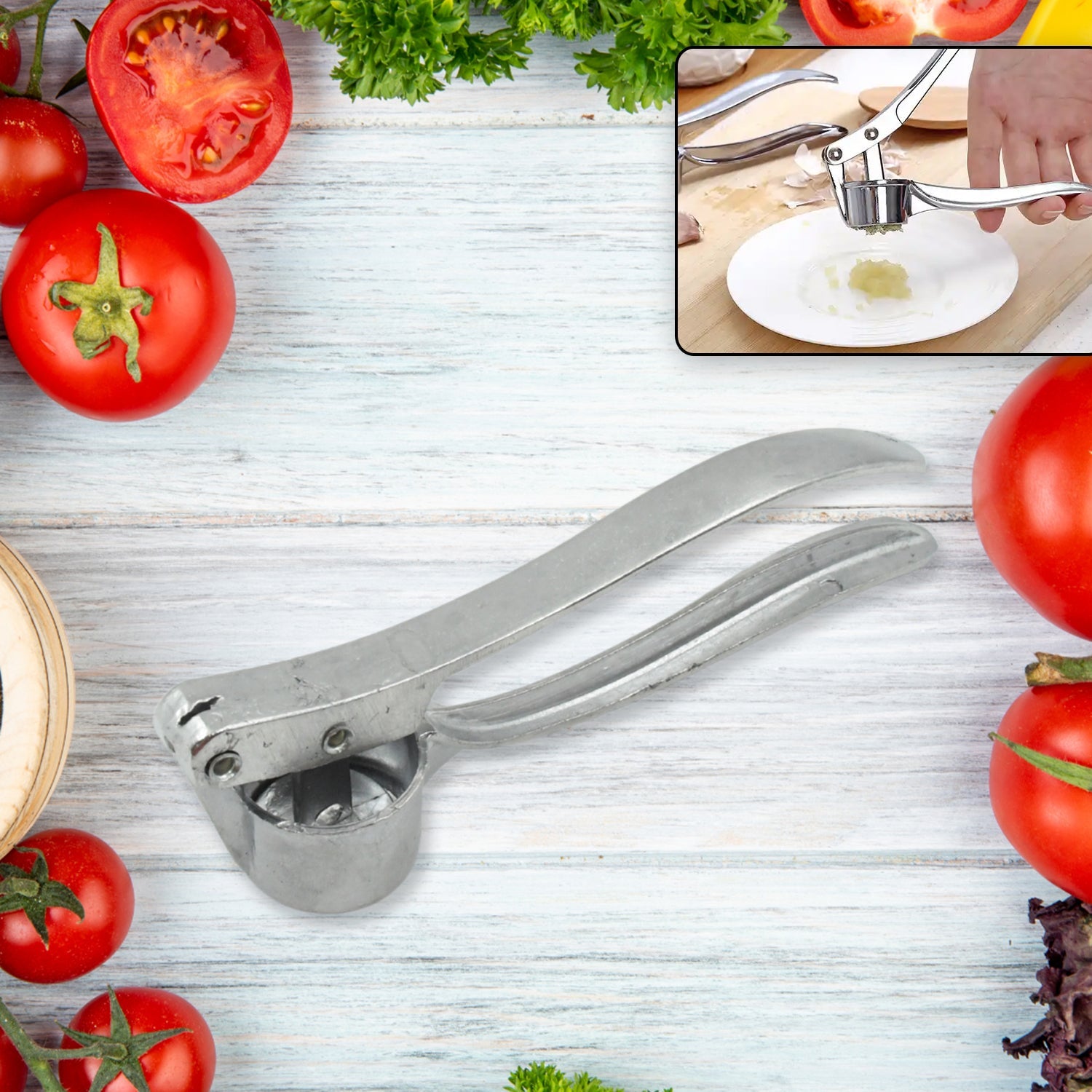 Lightweight aluminum garlic press for easy crushing of garlic cloves.