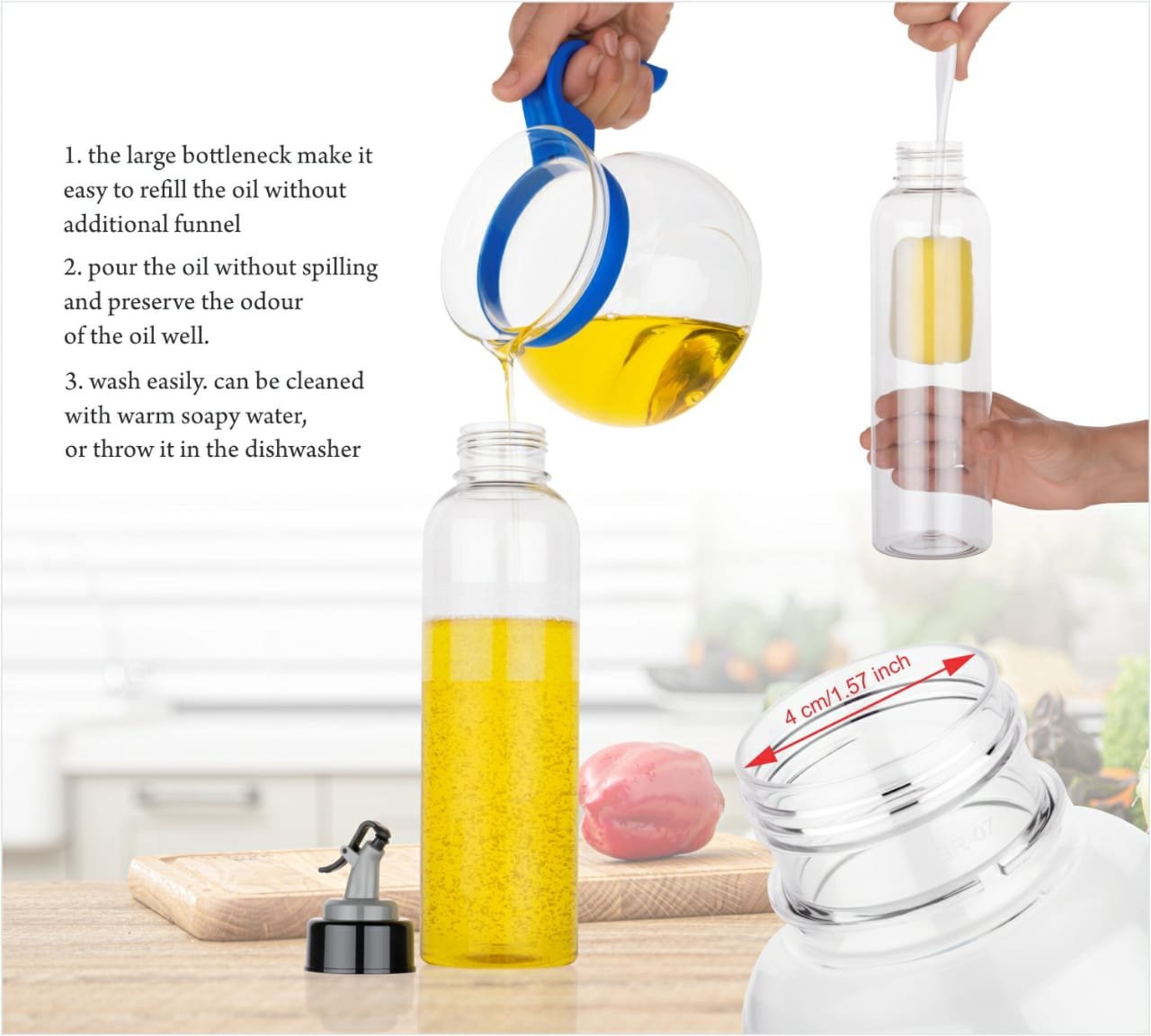 1-liter transparent plastic bottle for oil, easy to use and store.