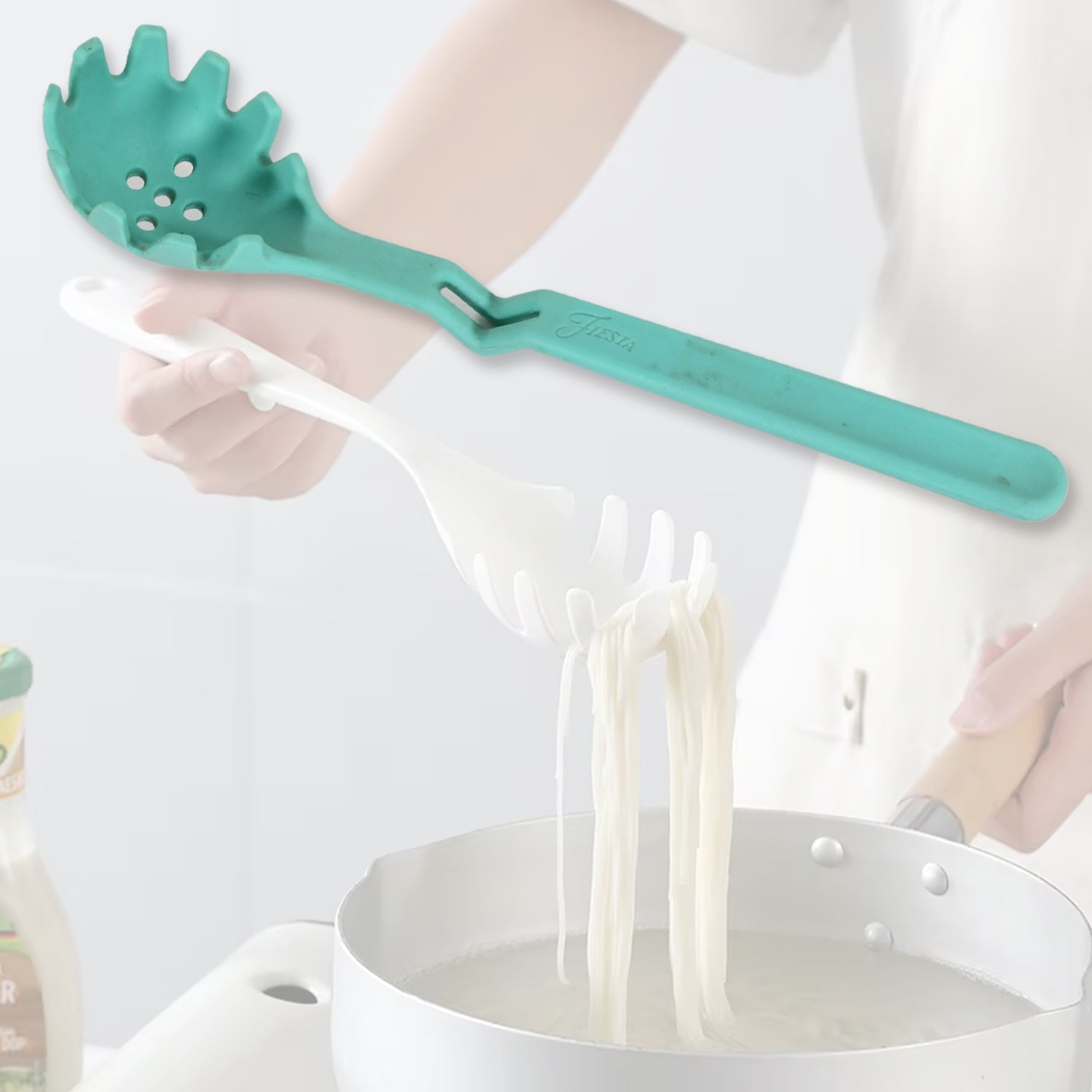 Premium XL Silicone Pasta Fork, High Heat Resistant to 600Ã‚°F, Hygienic One Piece Design, Spaghetti Strainer & Server Spoon