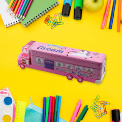 Double Decker Magic Truck Compass Multi Level Metal Truck Compass Pencil Case with Movable Wheels & Sharpener (Mix Design)