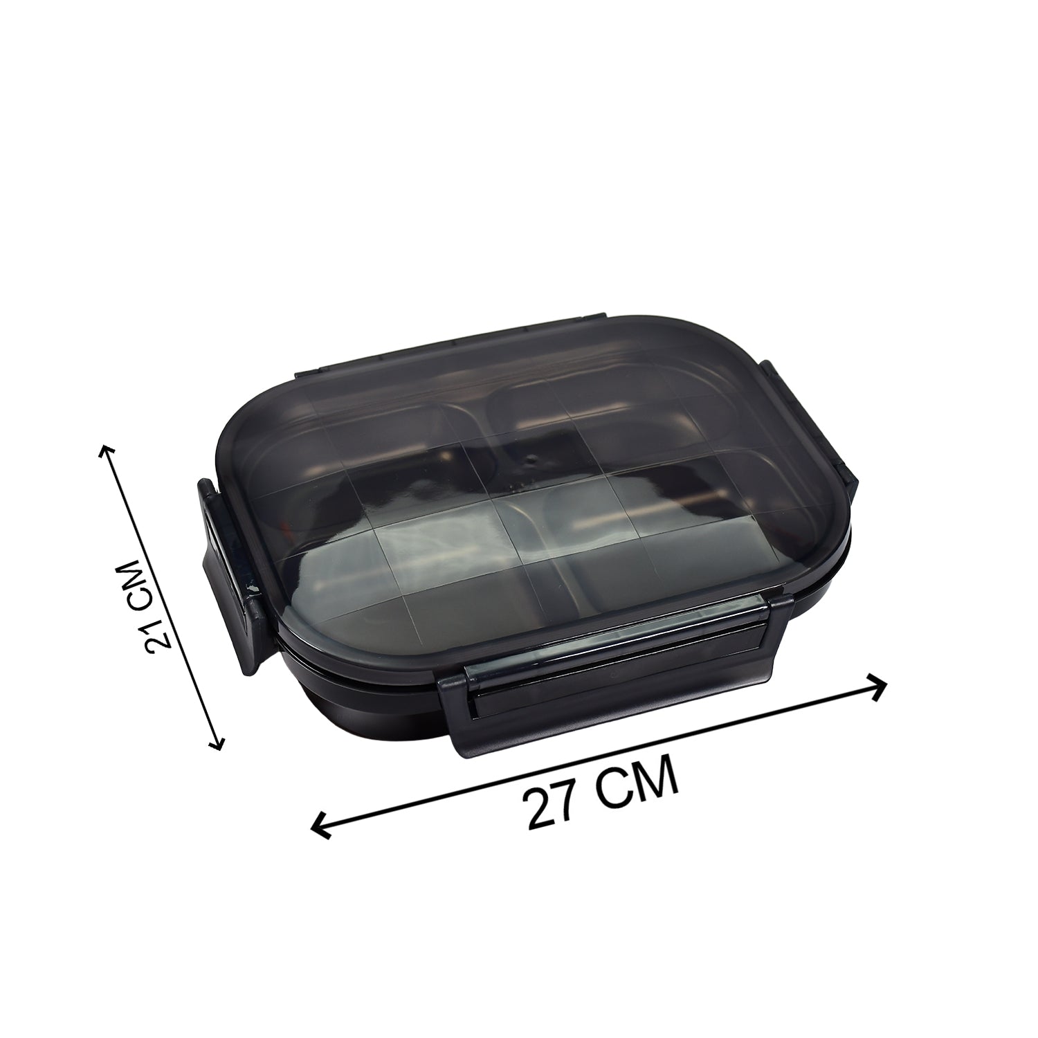 Transparent black lunch box with four compartments for food storage