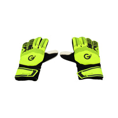 Detailed view of football goalkeeper gloves with protection features