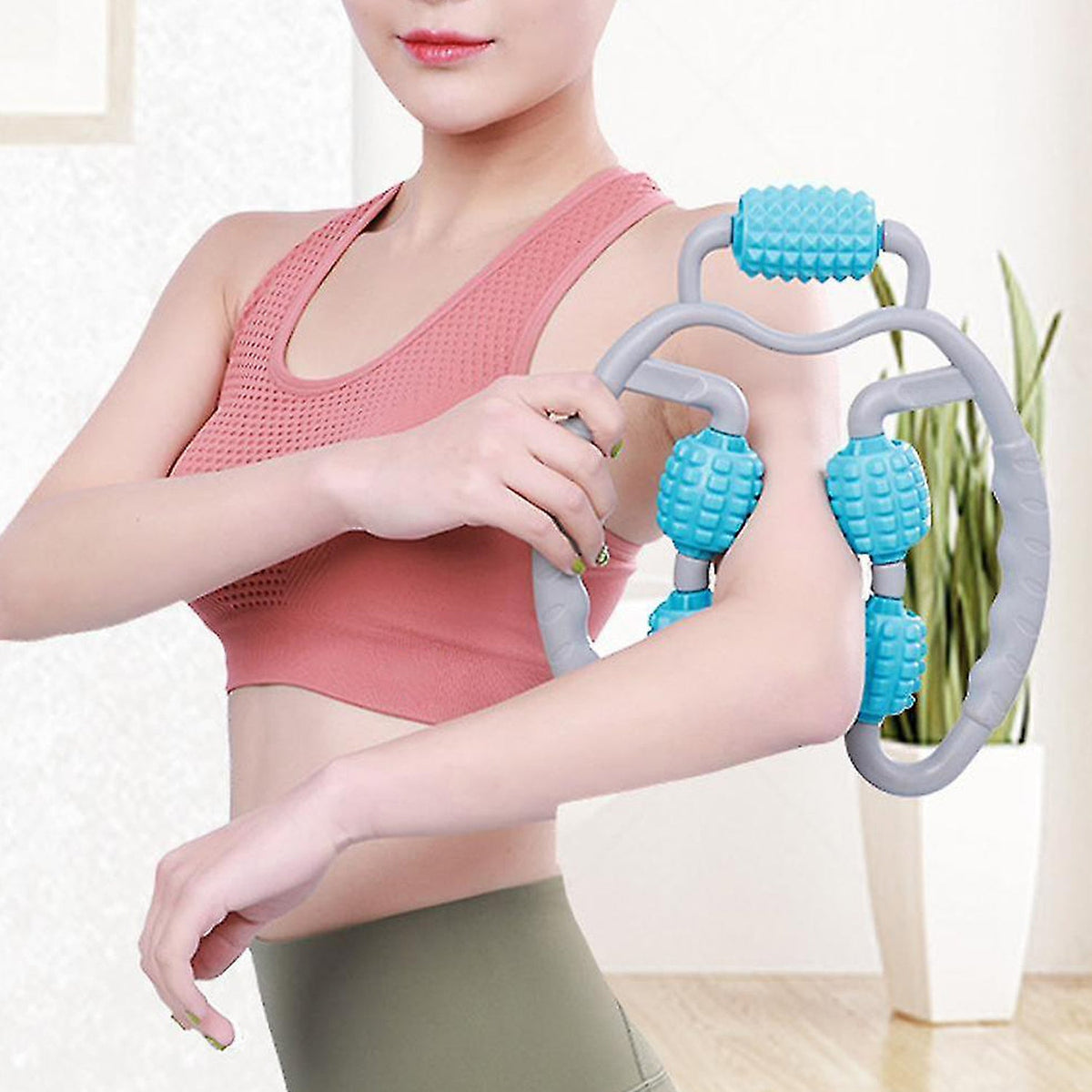 Muscle Massage Roller, 5 Wheels Relieve Soreness Leg Muscle Roller Fitness Roller Muscle Relaxer Massage Roller Ring Clip All Round Massaging Uniform Force Elastic PP Drop Shaped for Home Use (1 Pc), Gym Equipment