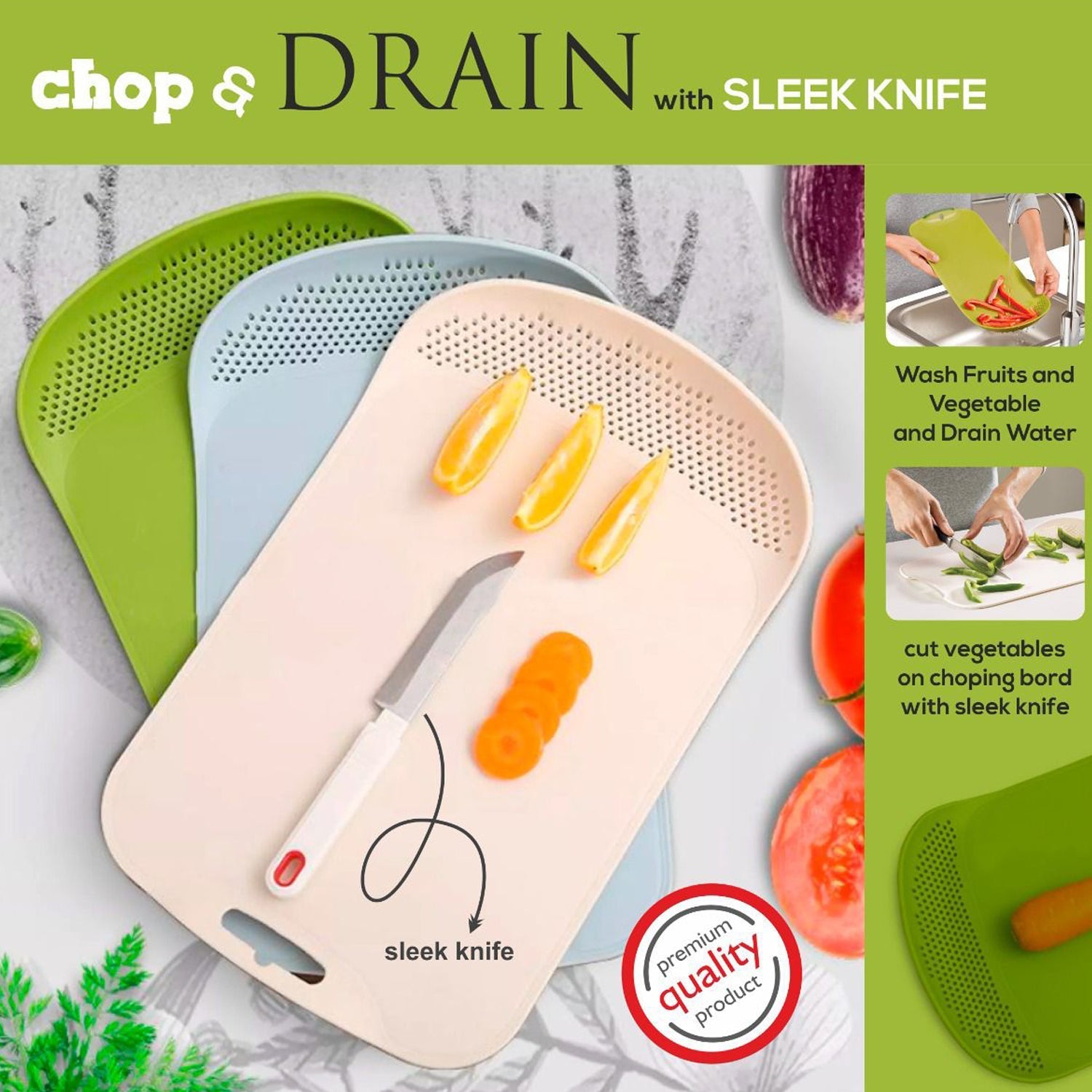 Chopping board with integrated drainage and knife