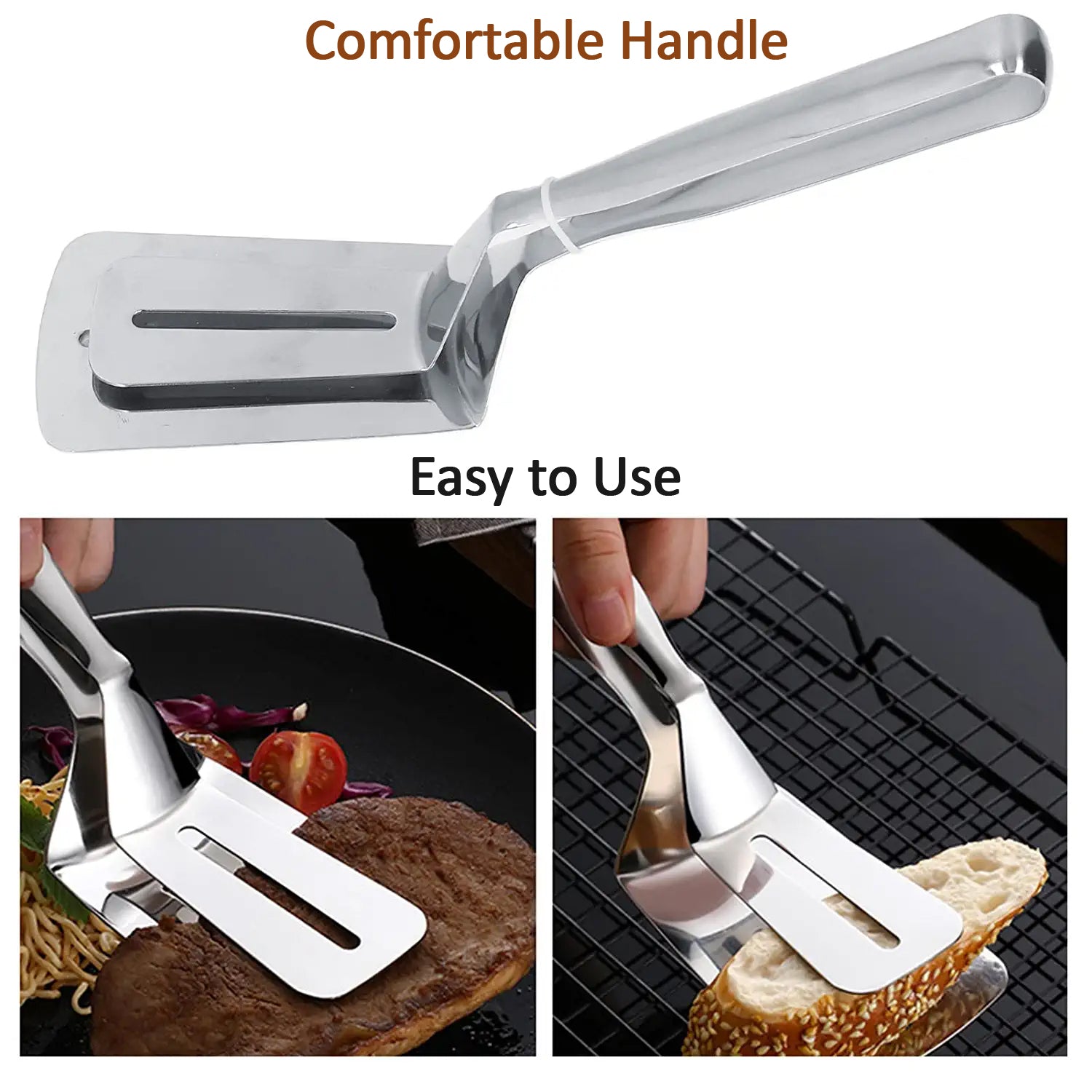 Versatile stainless steel turner and tongs for kitchen use