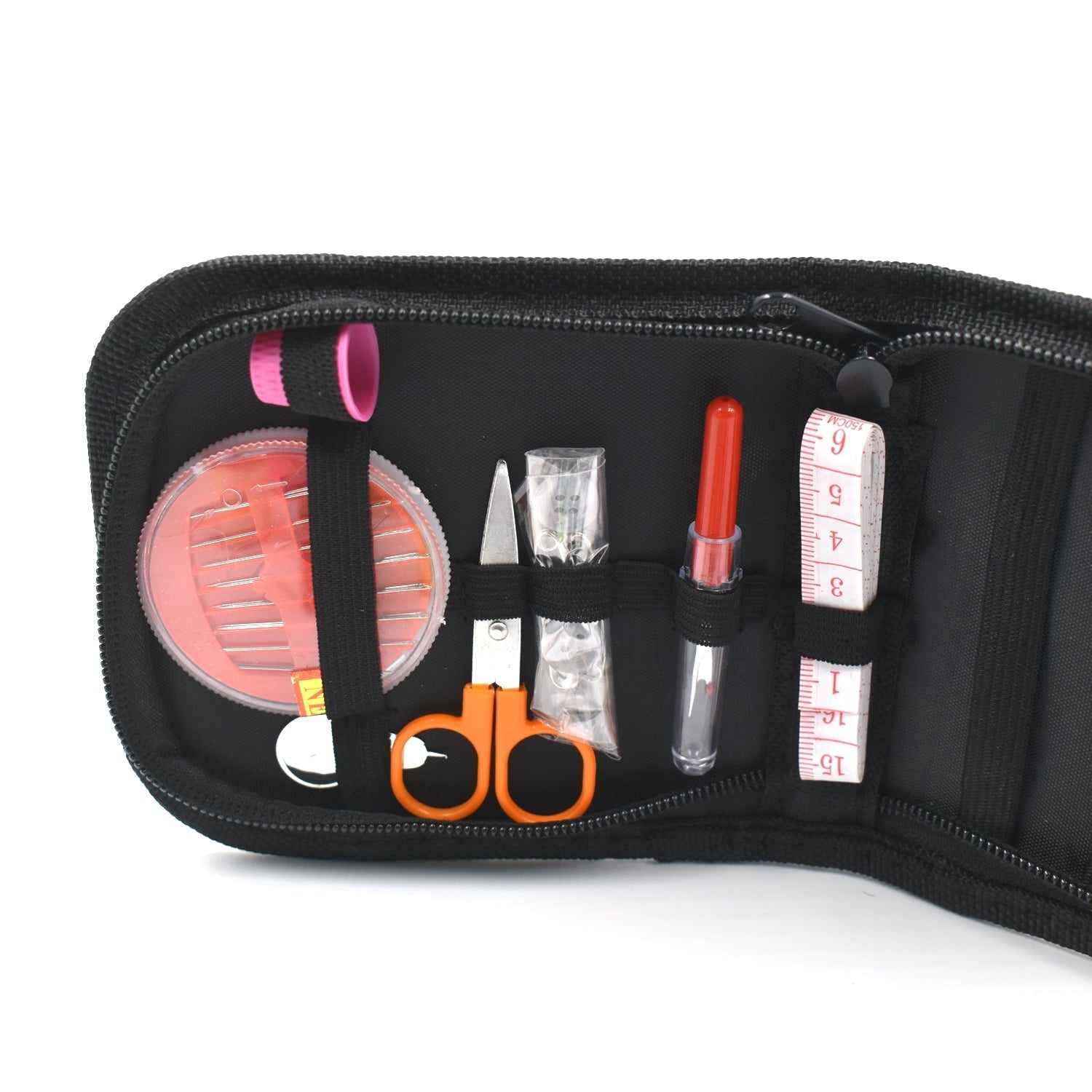 Versatile 48 Pc sewing set in a compact purse for home use and travel.