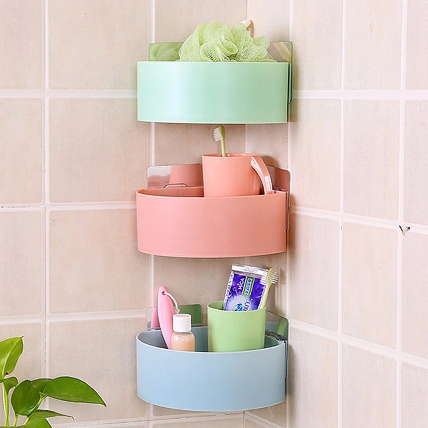 Plastic corner shelf for shower or kitchen