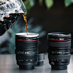 Coffee mug designed like a camera lens, made of stainless steel with intricate detailing