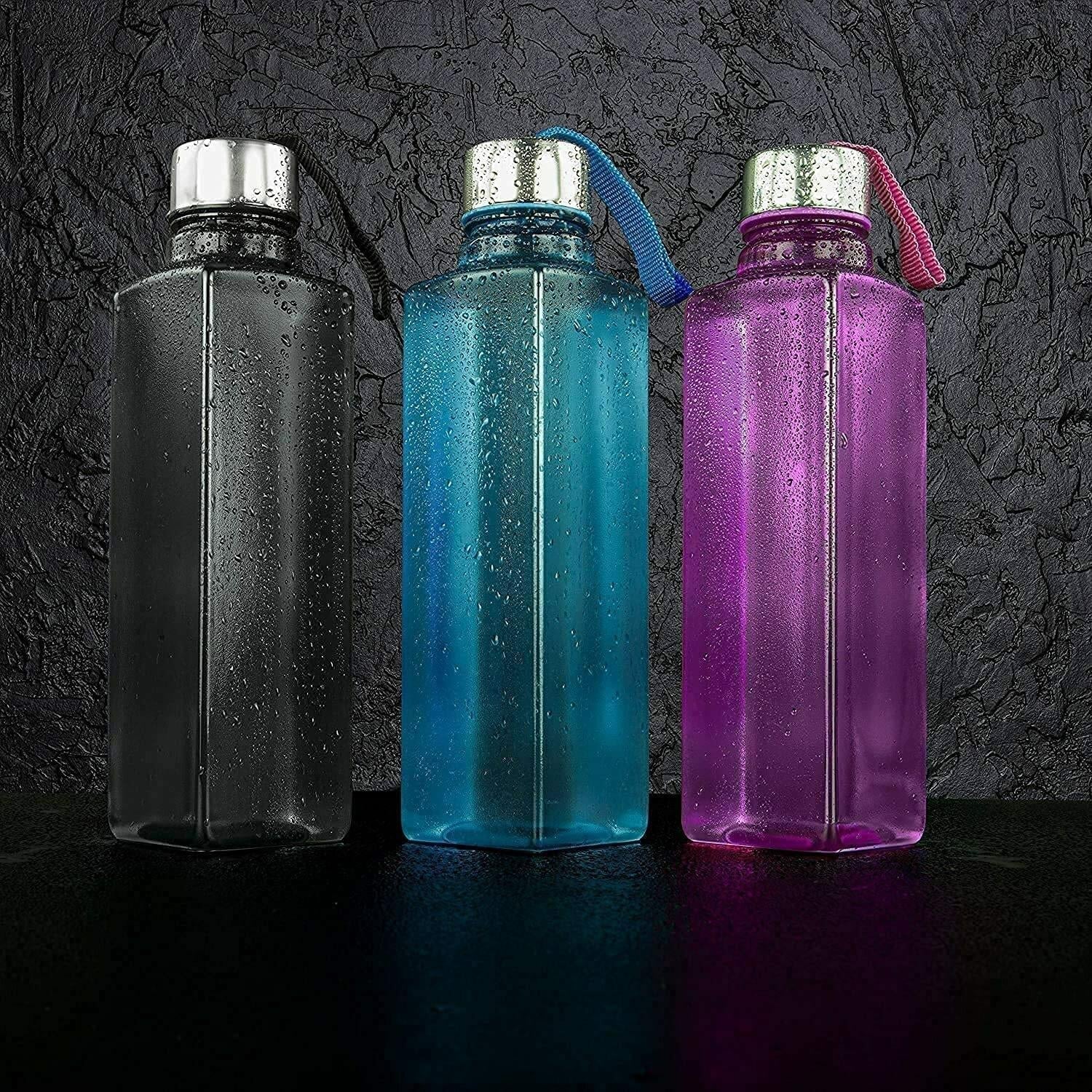 Set of three 1000ml square bottles for storing water and beverages.