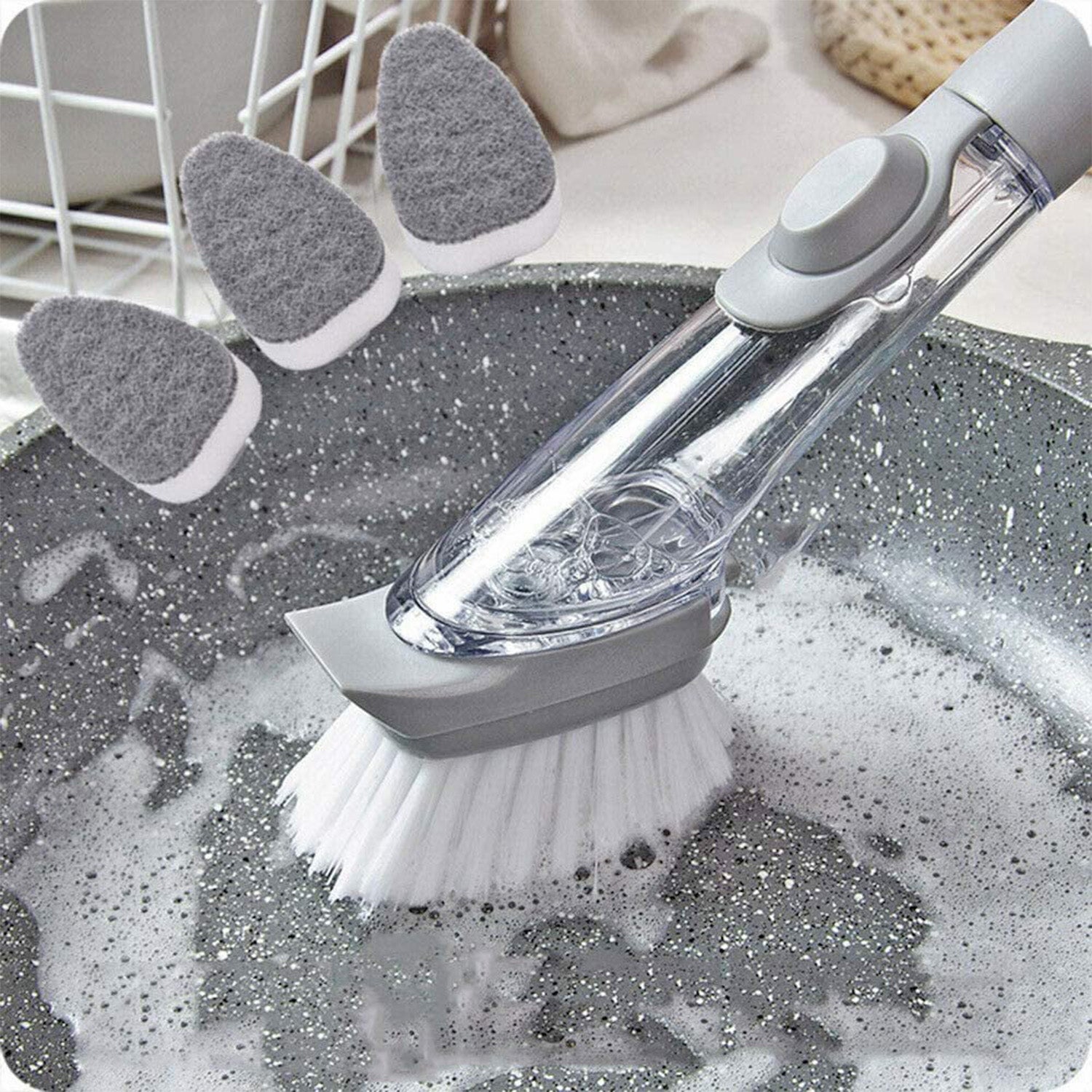 Dish scrubber with soap dispenser, includes 3 refill heads