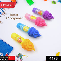 2 in1 Ice-Cream Cone Shaped Eraser Sharpener for Kids, Fancy & Stylish Colorful Erasers, Mini Eraser Creative Cute Novelty Eraser for Children Different Designs Eraser Set for Return Gift, Birthday Party, School Prize (4 Pcs Set)