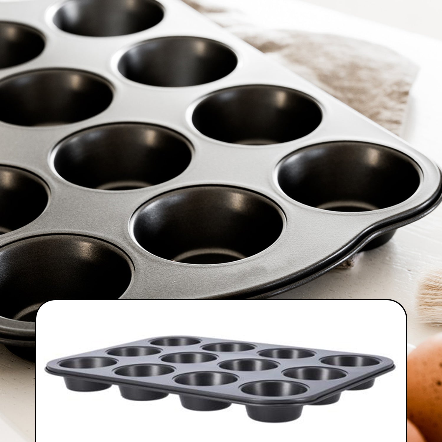 Aluminium muffin tray highlighting the 12 cup cavities and nonstick coating for easy cleaning