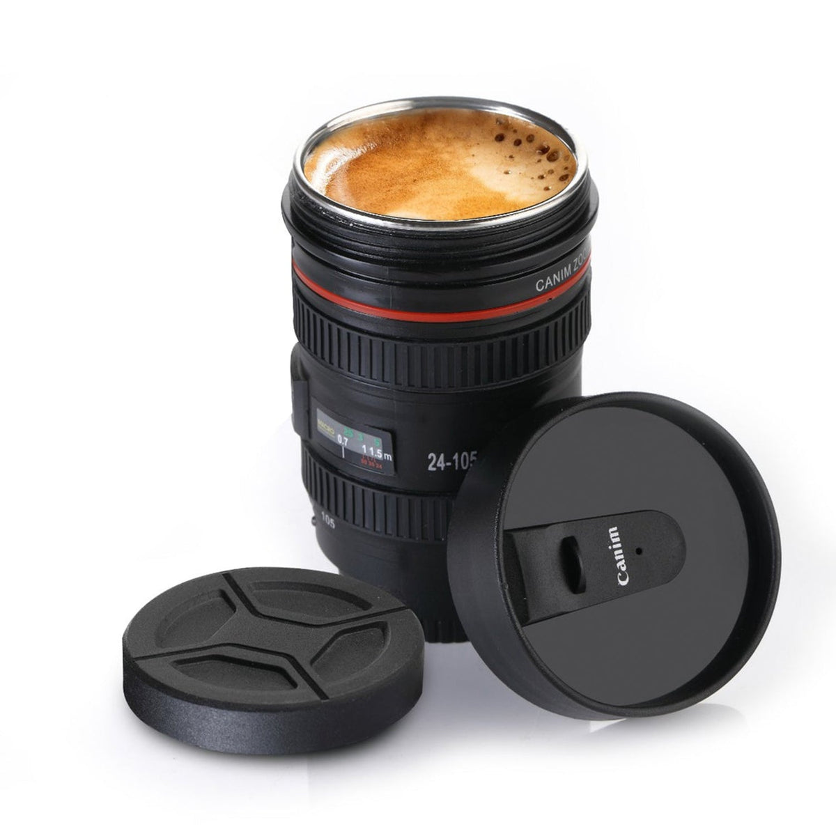 Camera lens shaped stainless steel coffee mug, showcasing its detailed design and metal finish