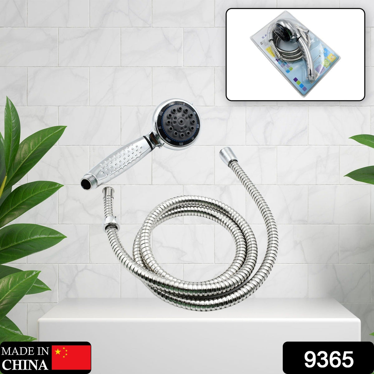 High pressure shower head with stainless steel hose, multi-function plastic spray.