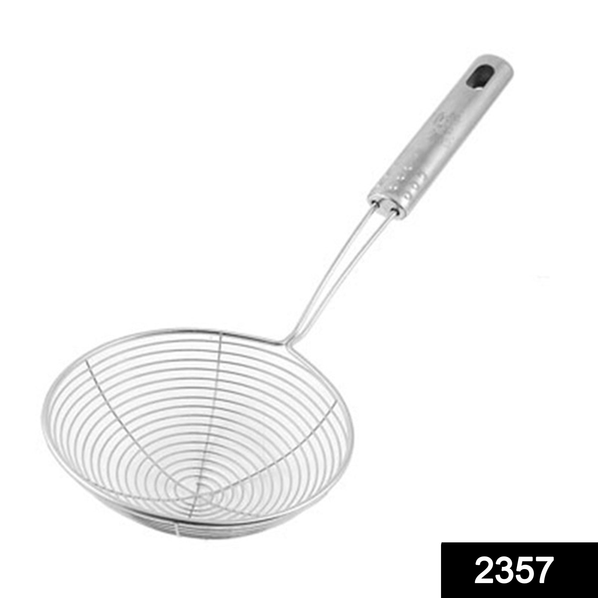 Mesh strainer with deep fry functionality in stainless steel.