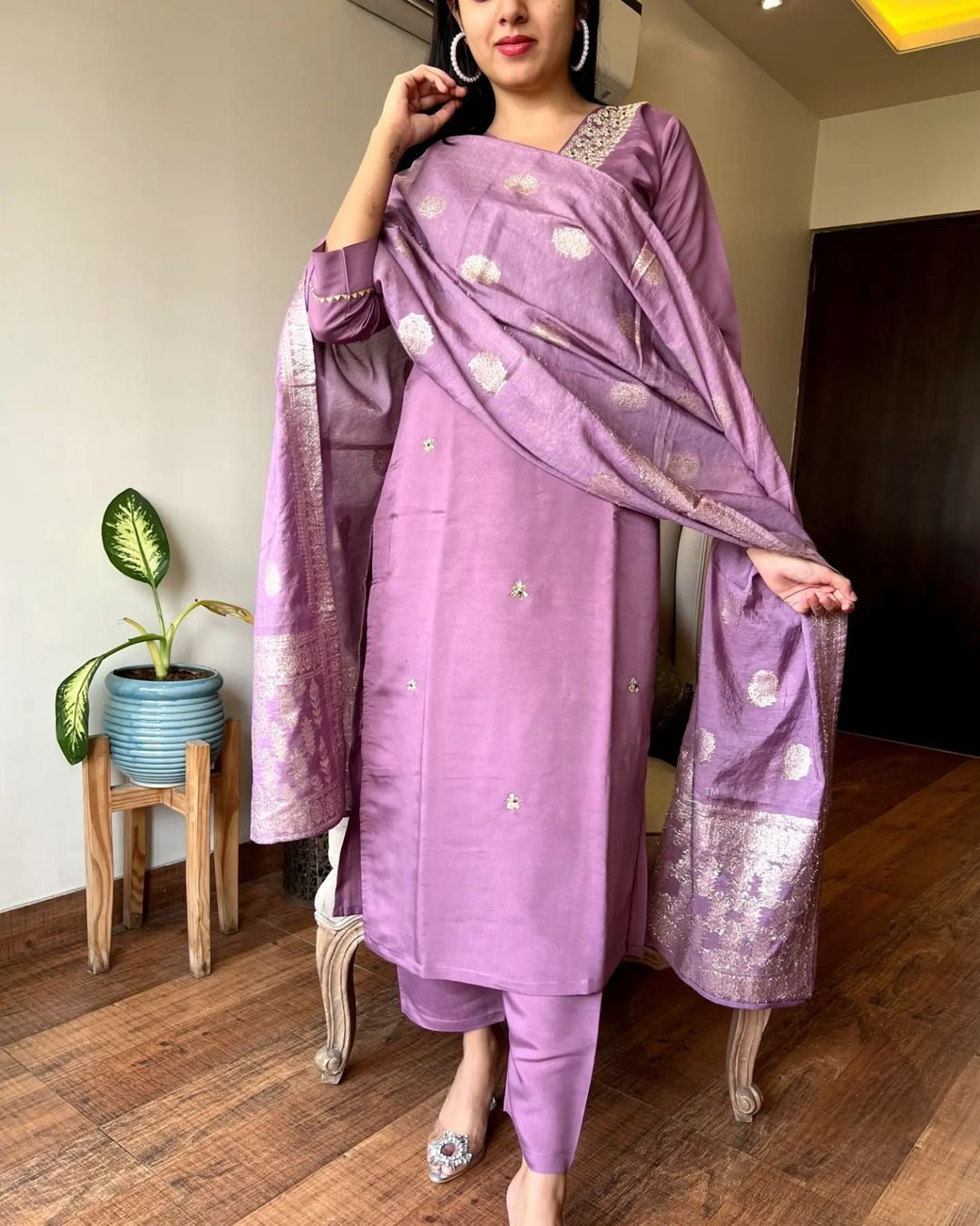 Party wear Lavender Kurti Set with Heavy Dupatta