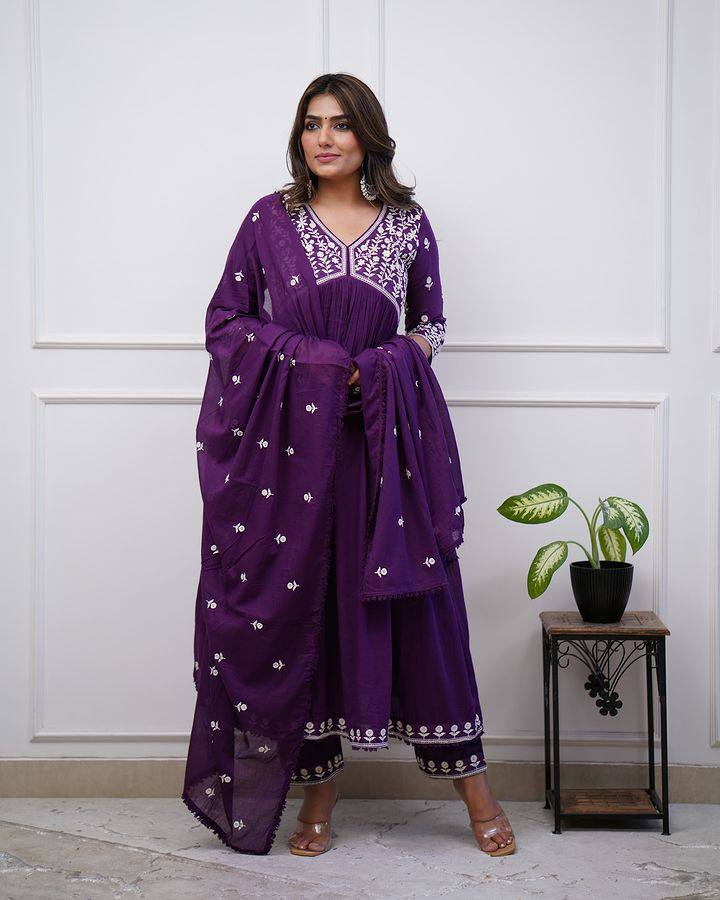 Purple Vichitra Silk Embroidered Kurta with Dupatta Set