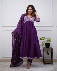 Purple Vichitra Silk Embroidered Kurta with Dupatta Set