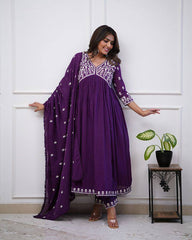 Purple Vichitra Silk Embroidered Kurta with Dupatta Set