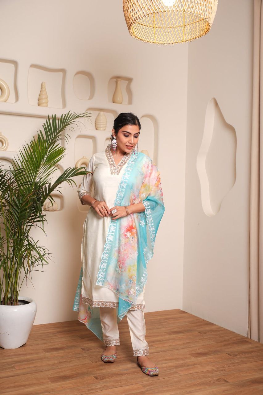 Embroidery Worked Kurta Set in Off White - Viscose Chanderi