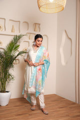 Embroidery Worked Kurta Set in Off White - Viscose Chanderi