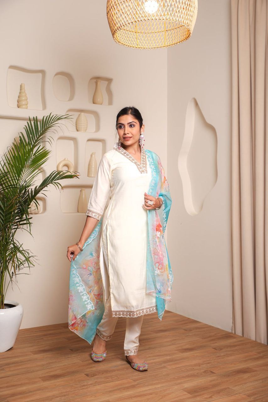 Embroidery Worked Kurta Set in Off White - Viscose Chanderi