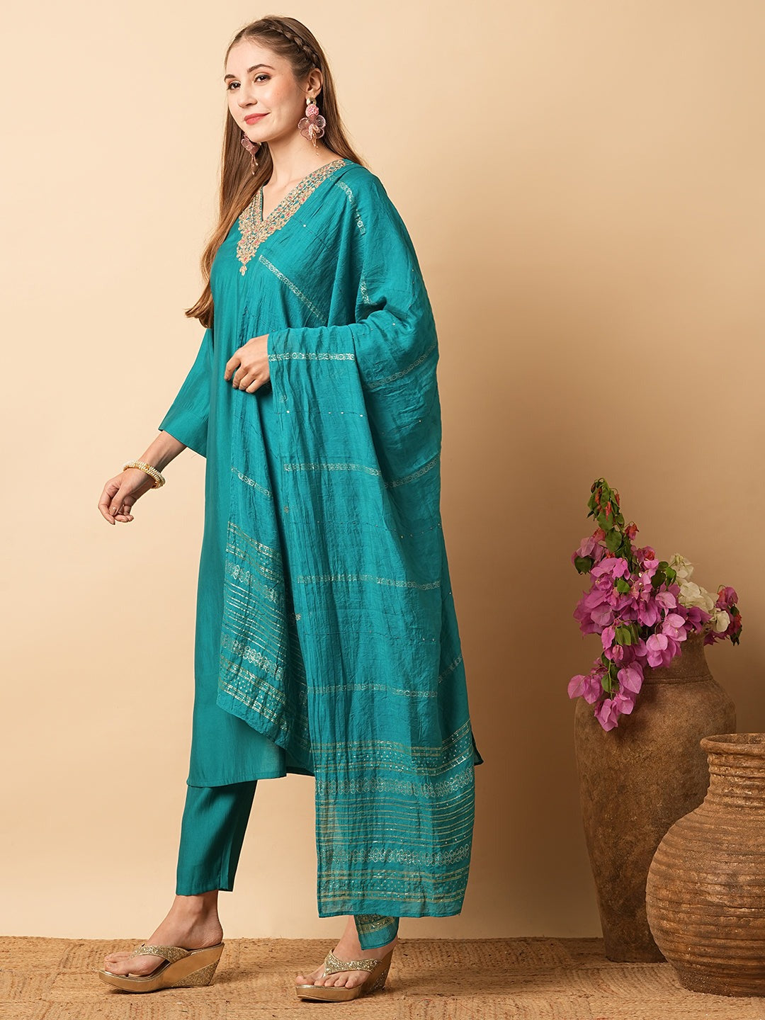 Party Wear Embroidered Kurta Set – Viscose Chanderi Silk