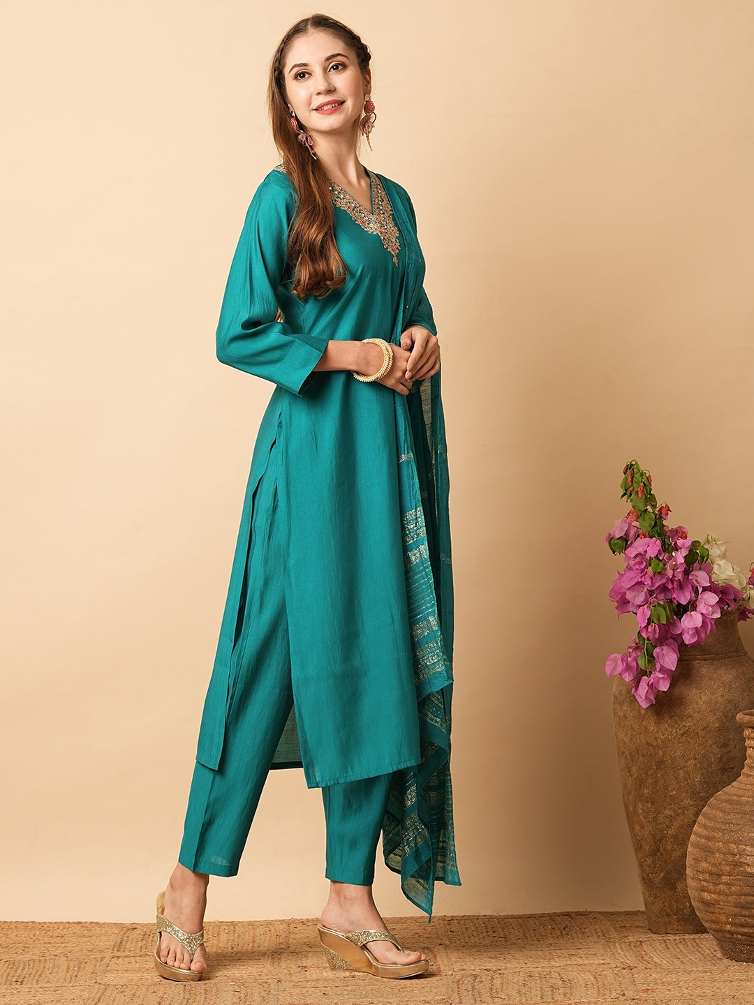 Party Wear Embroidered Kurta Set – Viscose Chanderi Silk