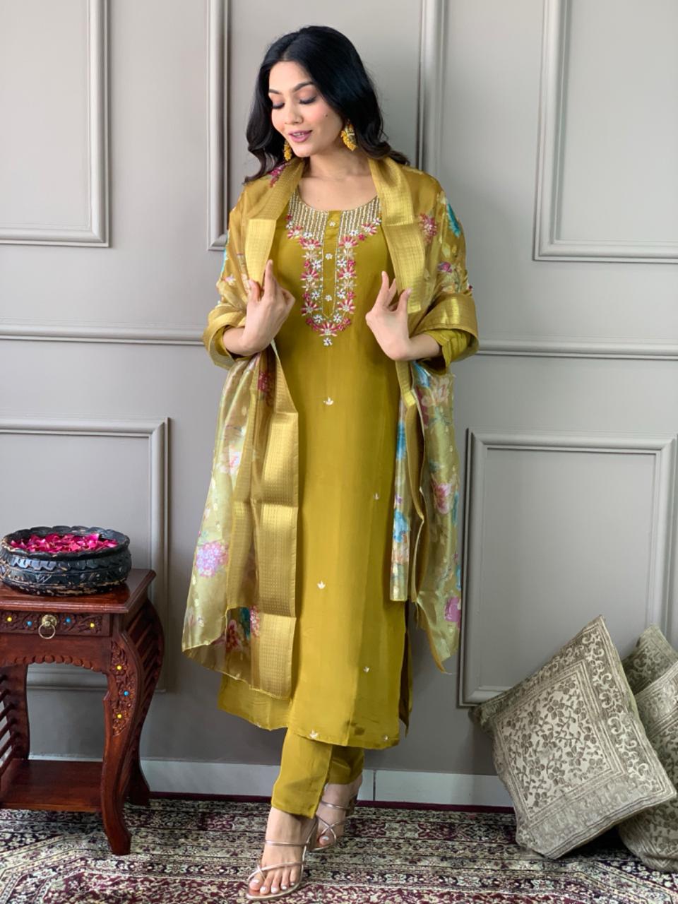 Mustard Viscose Chanderi Embroidered Kurta with Pant and Dupatta Set