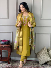 Mustard Viscose Chanderi Embroidered Kurta with Pant and Dupatta Set