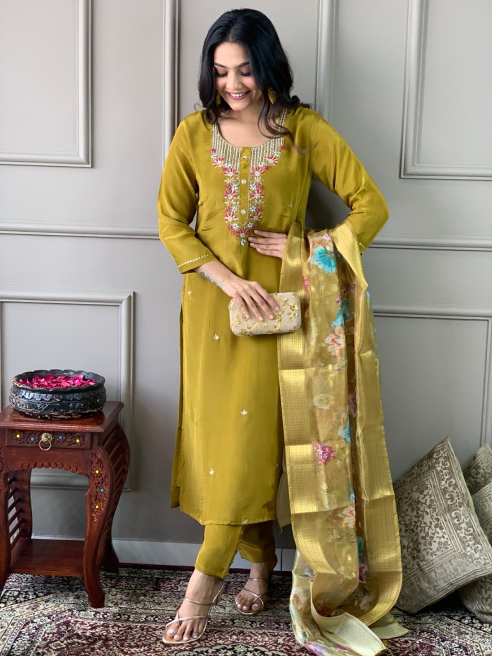 Mustard Viscose Chanderi Embroidered Kurta with Pant and Dupatta Set