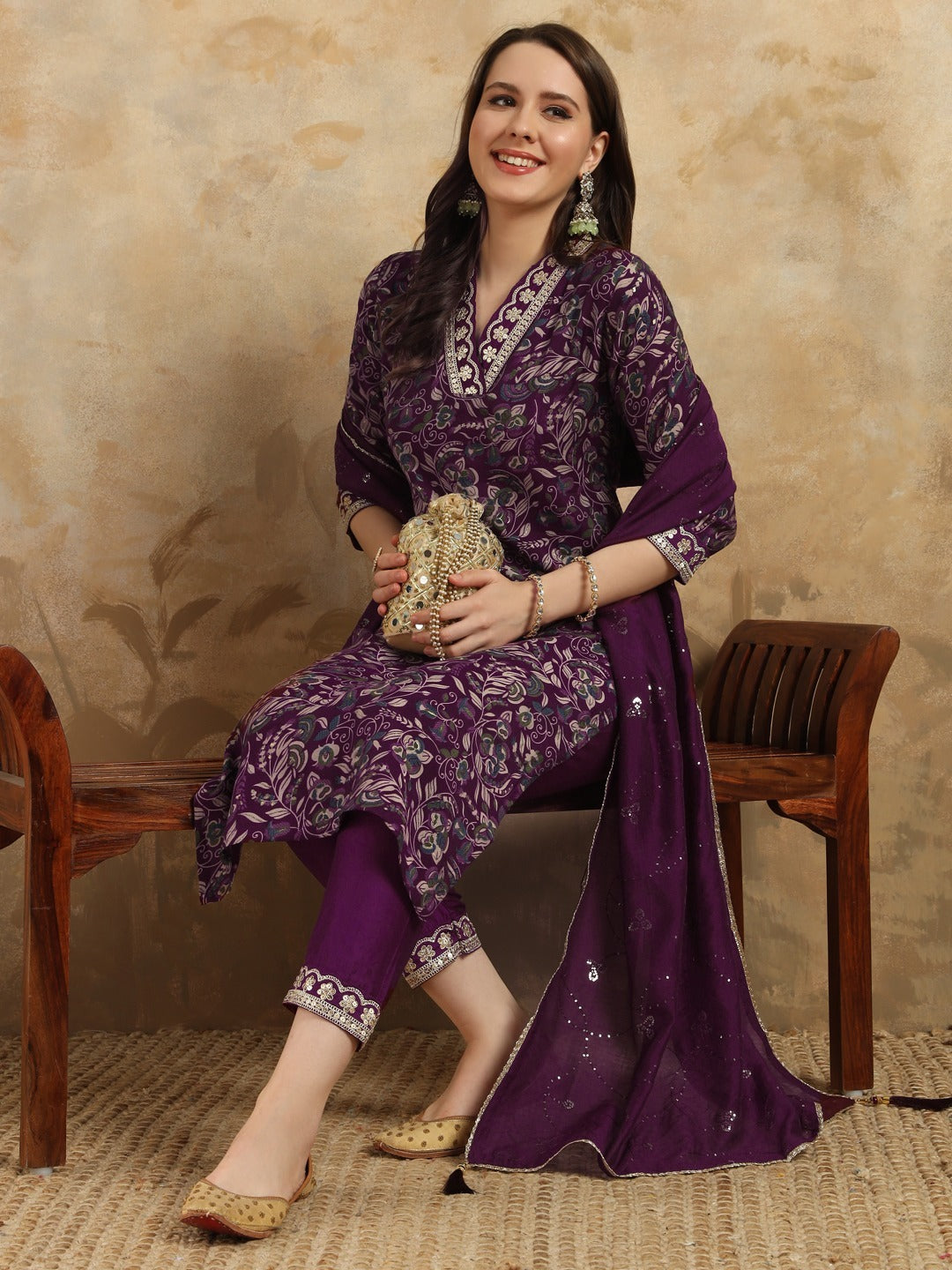 Wine Viscose Chanderi Embroidered Kurta Set