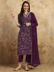 Wine Viscose Chanderi Embroidered Kurta Set