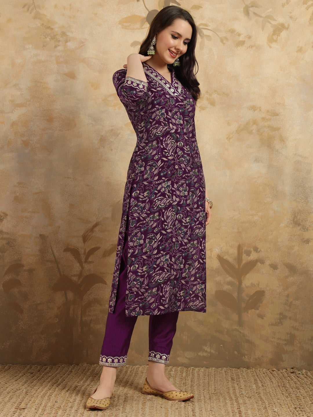 Wine Viscose Chanderi Embroidered Kurta Set