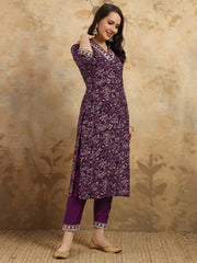 Wine Viscose Chanderi Embroidered Kurta Set