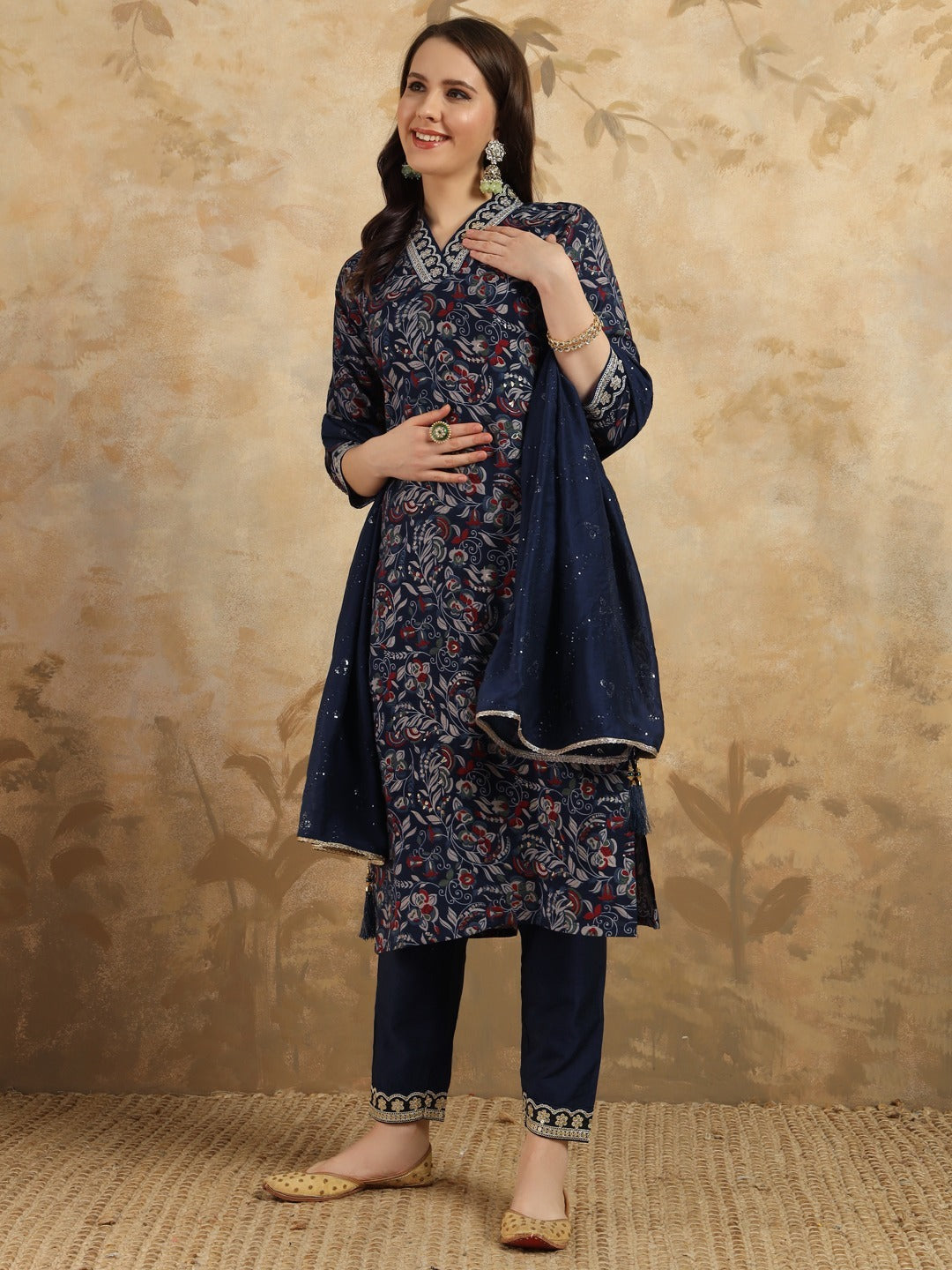 Navy Blue Party Wear Embroidered Kurta Set