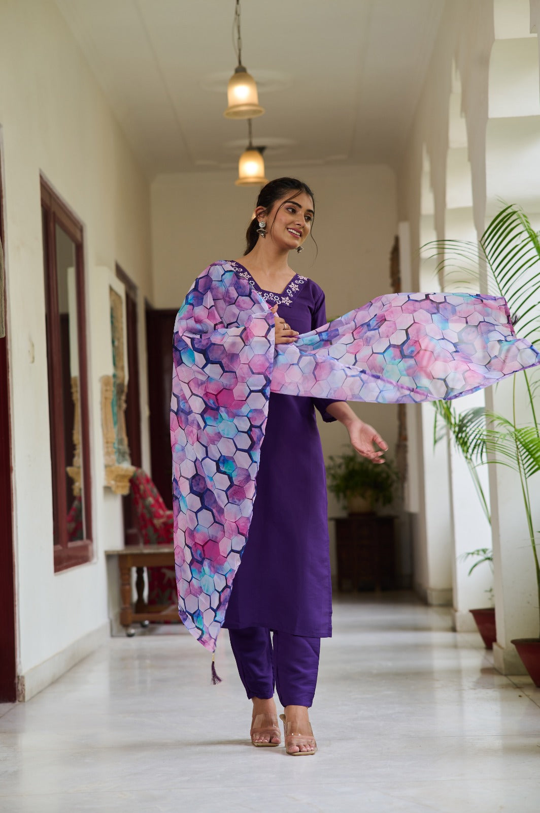 Purple Embroidered Rayon Kurta Set with Pant and Dupatta – Party Wear