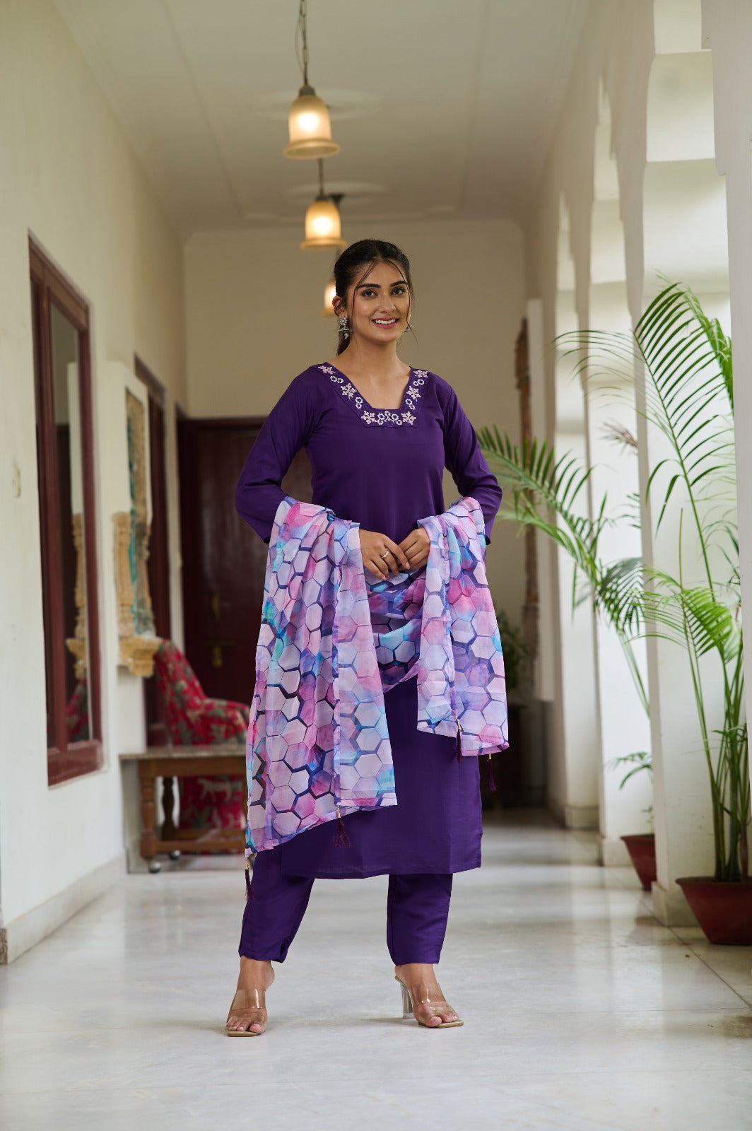 Purple Embroidered Rayon Kurta Set with Pant and Dupatta – Party Wear