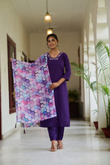 Purple Embroidered Rayon Kurta Set with Pant and Dupatta – Party Wear