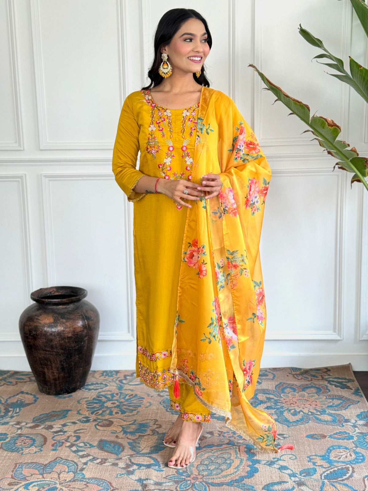 Mustard Embroidered Party Wear Kurta Set – Viscose Chanderi Elegance