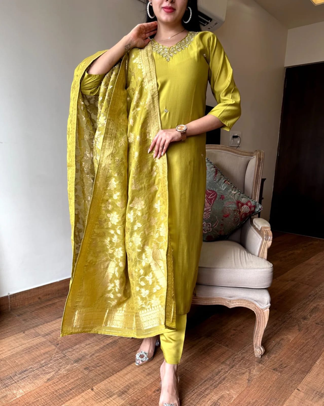 Party Wear Embroidery Worked Kurta Set – Lemon Green Viscose Chanderi