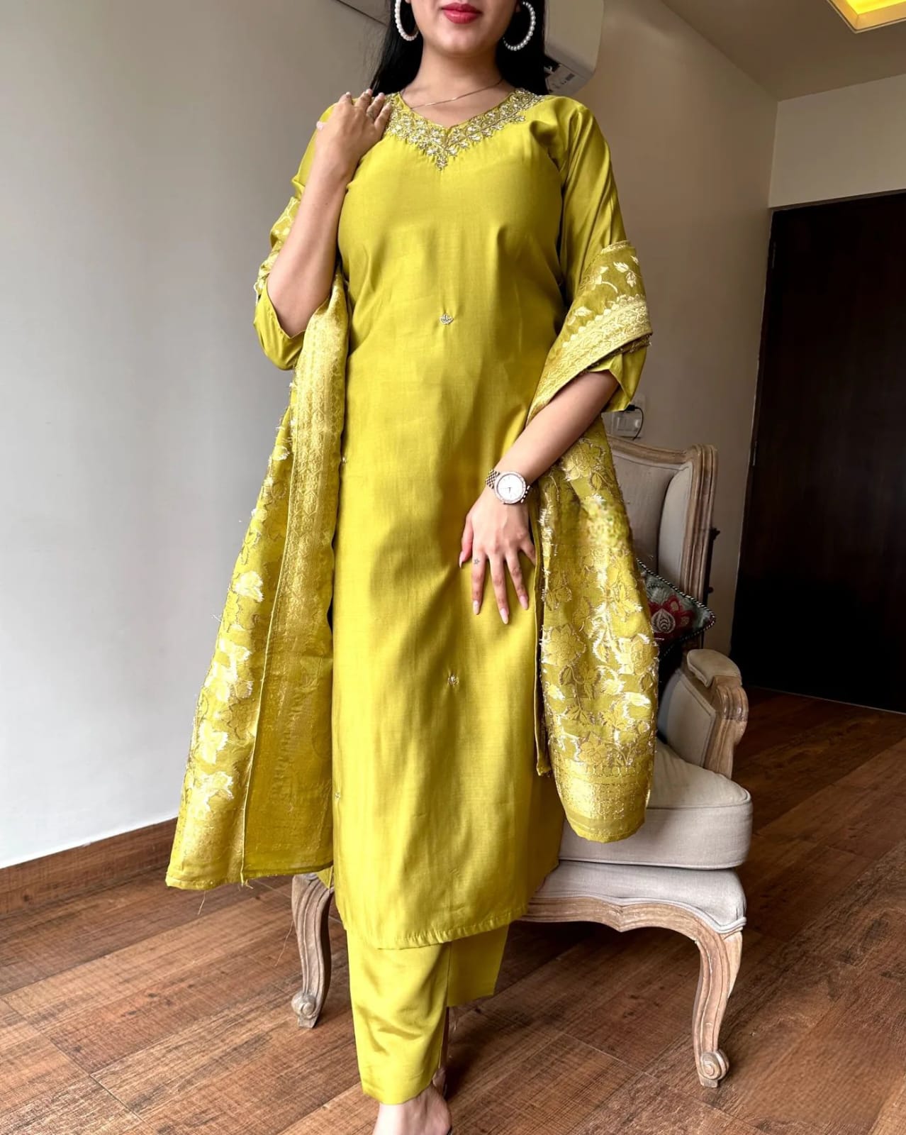 Party Wear Embroidery Worked Kurta Set – Lemon Green Viscose Chanderi