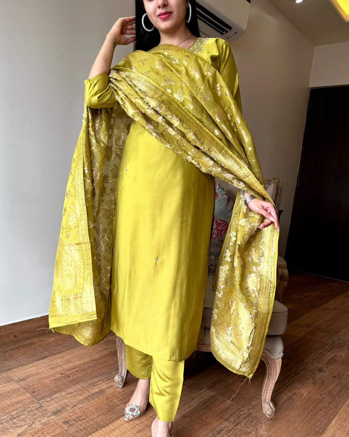 Party Wear Embroidery Worked Kurta Set – Lemon Green Viscose Chanderi