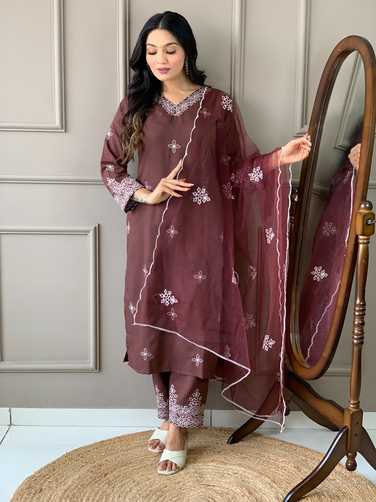 Women Brown Kurti Set with Dupatta