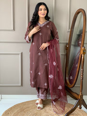 Women Brown Kurti Set with Dupatta