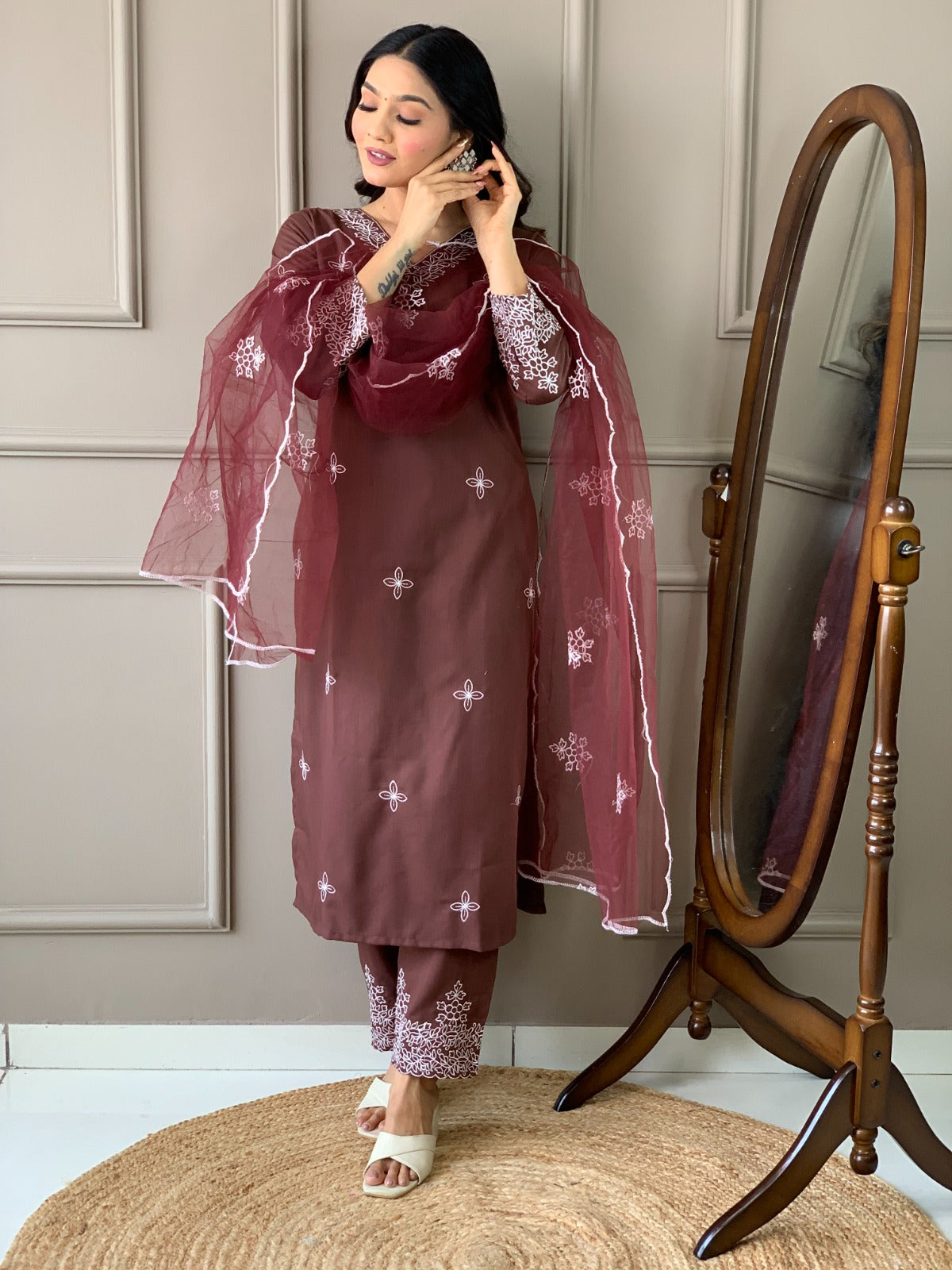 Women Brown Kurti Set with Dupatta