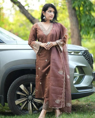 Women Embroidered Brown Kurti Set with Dupatta