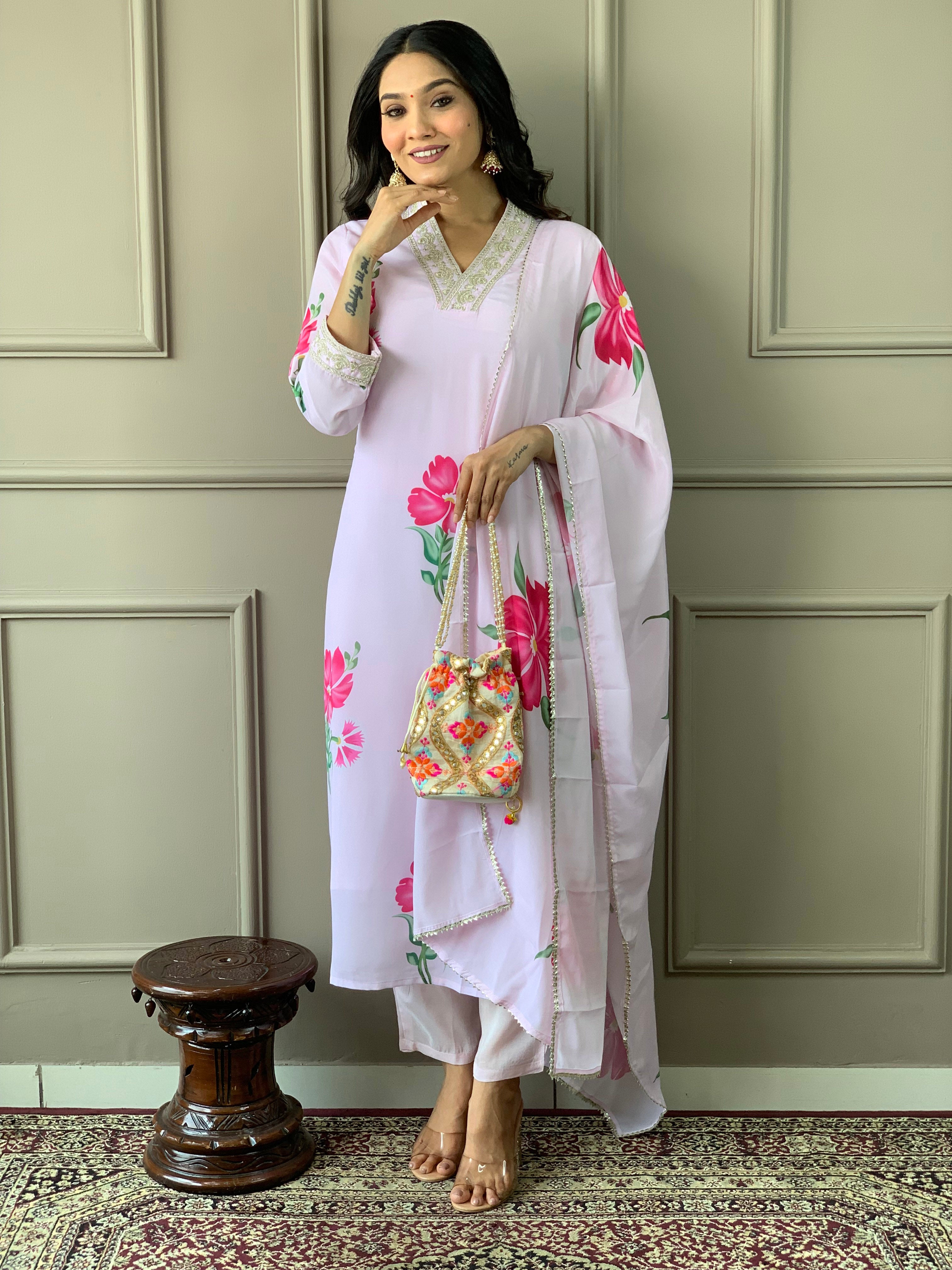 Lavender Embroidered Crepe Kurta with Cotton Inner and Dupatta Set